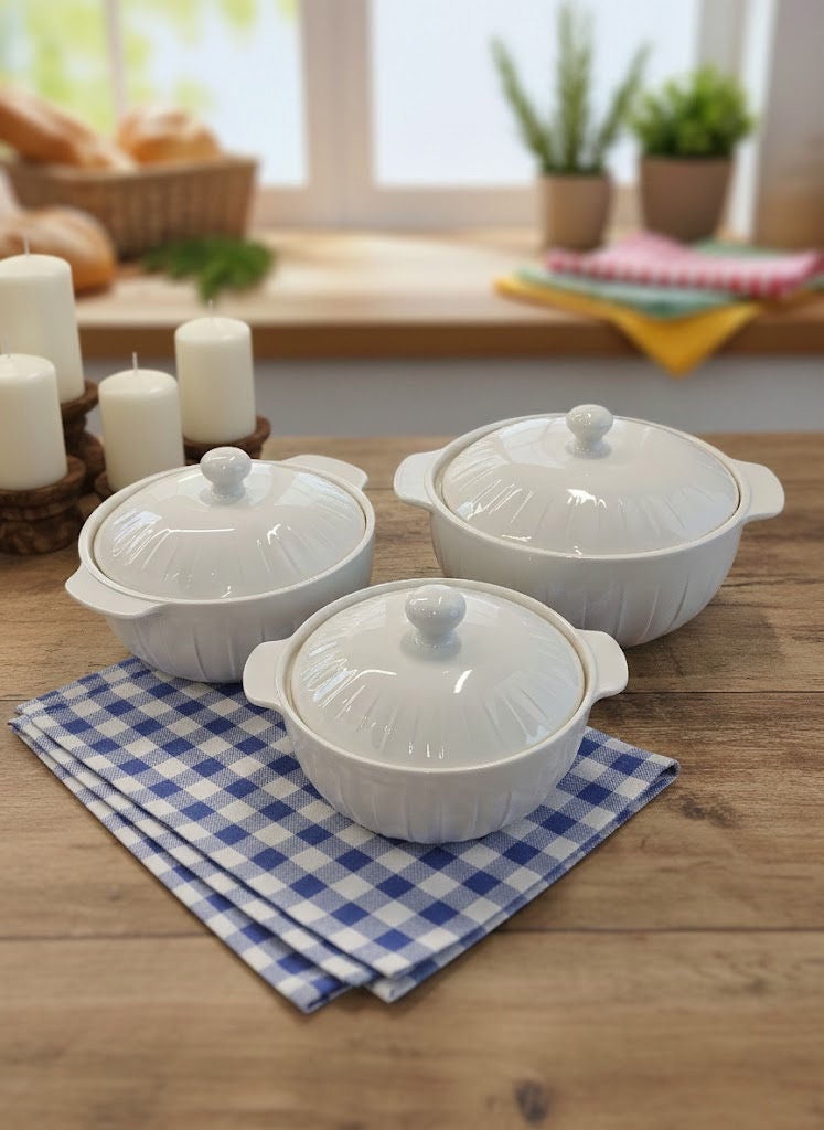 3-Piece Ceramic Soup Bowl Set With Lid White; Small Bowl 9.5 Inch, Medium Bowl 10.5 Inch, Large Bowl 12 Inch
